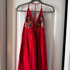 Free People Red Embroidered Floral Halter Dress